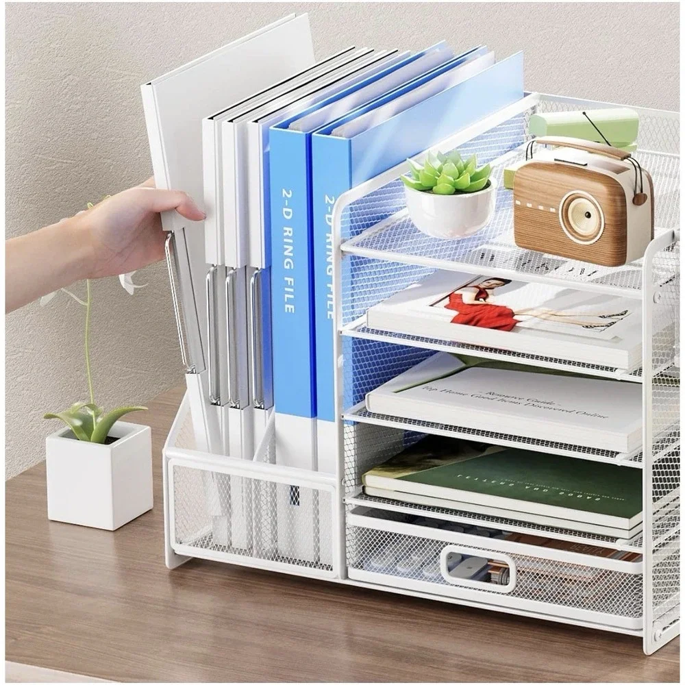 Desk Organizer with File Holder, 5-Tier Paper Letter Tray Organizer with Drawer